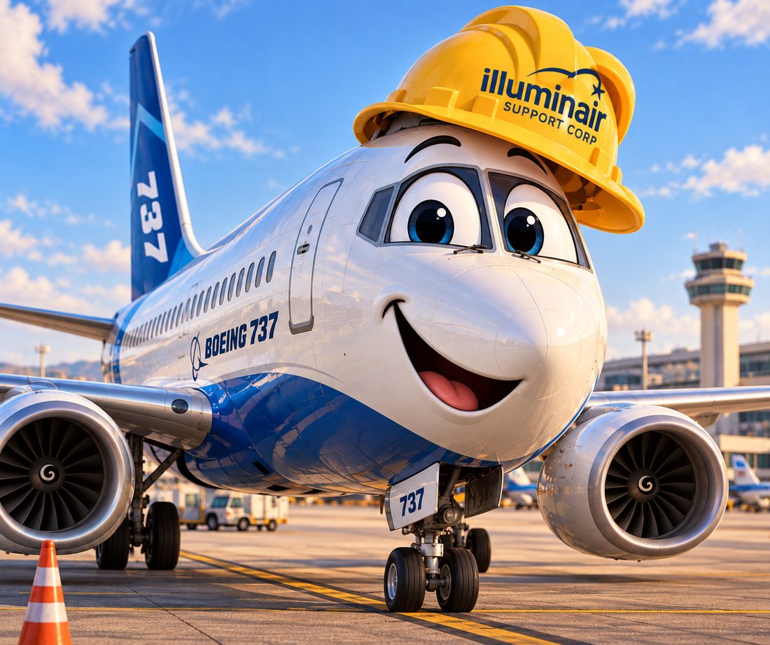 Illuminair Support 737 mascot wearing a yellow hard hat with the Illuminair Support Corp logo, parked on the tarmac